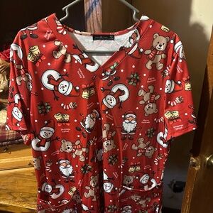 Red Holiday Print Women’s Scrub Top